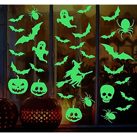 Halloween Decorations Glow in The Dark Halloween Wall Stickers Bats Spider Pumpkins Spooky Witch Ghost Scary Skeleton Decals for Window Home Kids Room Nursery Halloween Party Supplies (Halloween) Cover