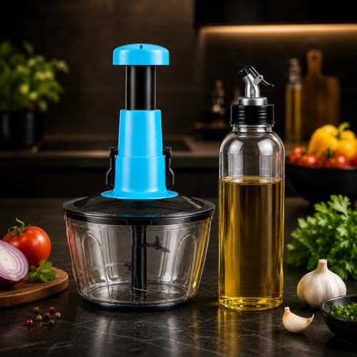 Image of 2-in-1 Kitchen Combo: Manual Vegetable Chopper with Oil Dispenser Bottle, Sharp Blade Cutter for Onion, Tomato & Garlic