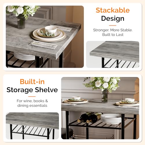 Image of VINGLI Dining Table Set for 2, Small Kitchen Table Set with Upholstered Chairs, 3-Piece Dining Set with Storage Rack, Wood Dining Room Set with Metal Legs for Small Spaces, Living Room, Grey