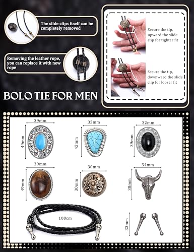 LOLIAS Bolo Tie,Handmade Vintage Bolo Ties for Men Western Cowboy Leather Necktie with Natural Tiger Eye Stone Costume Accessories for Men Women 6Pcs