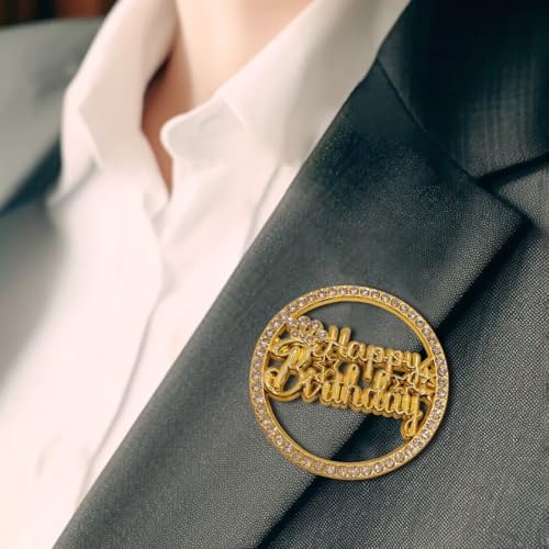 Image of Gold Happy Birthday Brooch Pin for Women - Modern Metal Pin with Crystal Decoration for Birthday Party