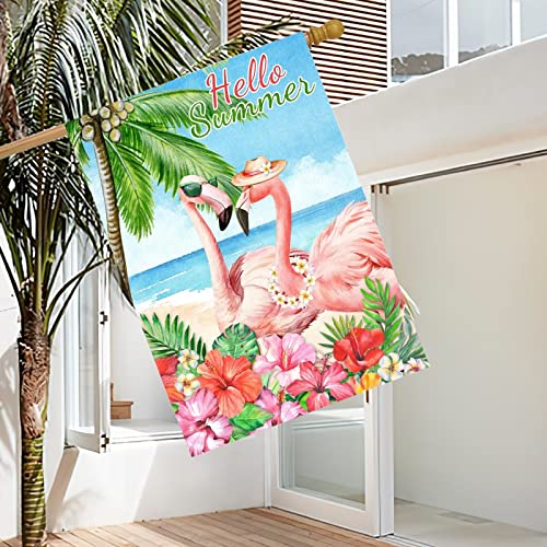 Pickako Hello Summer Flamingo Couple Garden Flag For Outside Decor 28X40 Double Sided Vertical, Summer Tropical Ocean Beach Garden Yard House Flags Seasonal Spring Summer Outdoor Decoration #TOP3