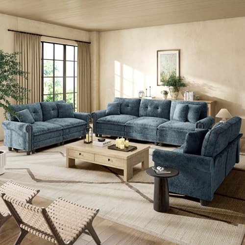 Image of HERA'S HOUSE Modular Sectional Sofa and Loveseat Set Living Room 3-Piece | Mid-Century Modern 7-Seater Cloud Sofa Set, Cyan, Rolled Arms & Nailhead Trim, Wider & Deeper Seats, Chenille Furniture Set