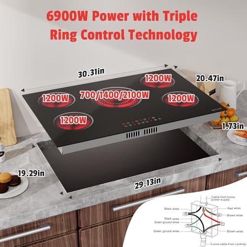 Image of Noxton Electric Cooktop 30 Inch, 5 Burners Electric Stovetop, Drop-in, 240V