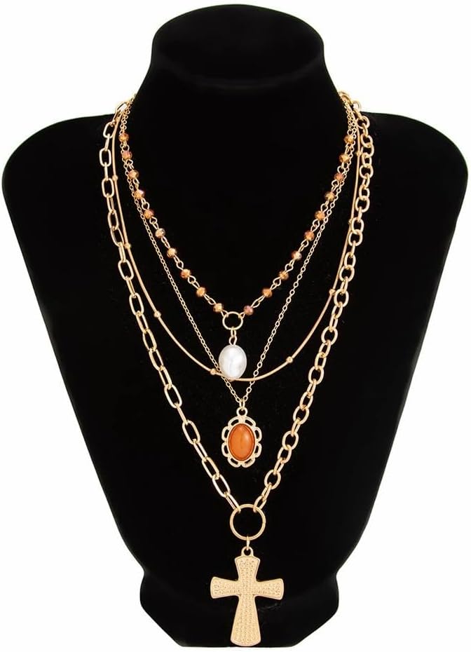 Layered Gold Pearls Cross Pendant Necklace for Women,Vintage Crystal Beaded Cross Chain Stacked Necklace,Statement Birthday Jewelry Accessories Gifts - Image 8