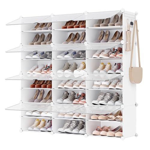 SONGMICS Shoe Rack Organizer, 12-Tier Shoe Storage Cabinet for Closet and Entryway, Holds 48 Pairs of Shoes, Adjustable, Cloud White and Trasparent ULPC040W01 12 Cubes Cloud White + Traspare