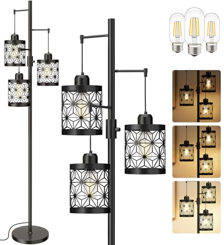 Floor Lamp, Floor Lamp for Bedroom Living Room, Standing Tall Lamps for Office, Dimmable Lamp with Bright 3X 800LM LED Edison Bulbs