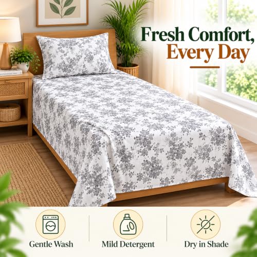 Image of Cottington Lane Cotton Single Bedsheet 68x90 Inch, Grey Bloom Elegance