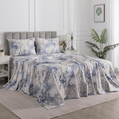 Image of Vintage Floral Percale Sheets King Size Deep Pocket, White & Blue | 100% Cotton Soft Crisp Toile Sheet Set, Shabby Chic Flower Bed Sheets, Cottage Core Bedding, Botanical Print, Farmhouse, 4Pcs
