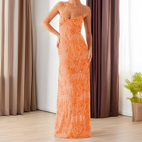 Sequin Sparkly Maxi Dress for Women Y2k Floral Embroidery Beaded Long Cami Dress Glitter Bodycon Halloween Clubwear3