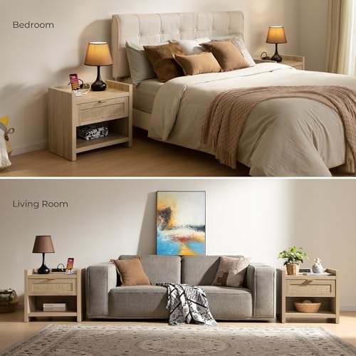 Image of SICOTAS Rattan Nightstands Set of 2 Bedside Table - Boho Night Stand with Type-C Charging Station, Wicker Decor Drawer Storage End Table Night Stands for Bedroom - Light Oak
