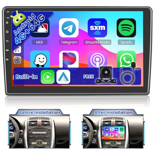 Ohradio 4GB+64GB Android Autoradio para Toyota Auris 2006-2011 Autoradio 2 DIN Wireless Carplay Android Auto 10 Pulgadas Pantalla Táctil con GPS WiFi FM/RDS 32EQ Cámara Trasera Mic