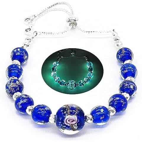 ARTSY CRAFTS INC Glow in The Dark Firefly Beads Bracelets Necklaces, Murano Glass Beads Crystal Birthstone Beaded Jewelry Adjustable Slider Chain (Bracelet-Sapphire) Cover