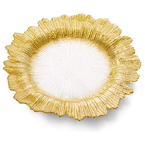 Classic Touch Decorium Set of 4 Glass Charger Plates with Gold Outer- Flower Shape Design- For Elegant Occasions Cover