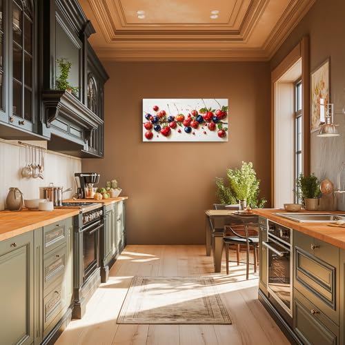crmotu Still Life Fruit Wall Art, Rustic Kitchen Wall Decor Paintings, Fresh Cherry Strawberry Large Artwork, Modern Vibrant Pictures for Living Room Dining Room Restaurant Canvas Prints 20x40 Inch