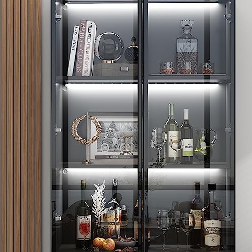 Hitow Glass Door Cabinet with Lights and 4 Storage Shelves, Tall Modern Display Storage Organizer with 2 Drawers and 2 Doors, Wooden Bookcase Bookshelf for Living Room, Home Office, Black