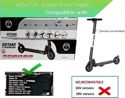 eeTao 42V 1.5A-2A Charger Compatible with GOTRAX GXL V2, Nano S3 ION, G2, G3, G4, Apex, Glider, XR Elite, XR Ultra 36V Li-ion Battery 42VDC DC42V FY0634201500 Power Supply Cable Cord - Thumbnail 7