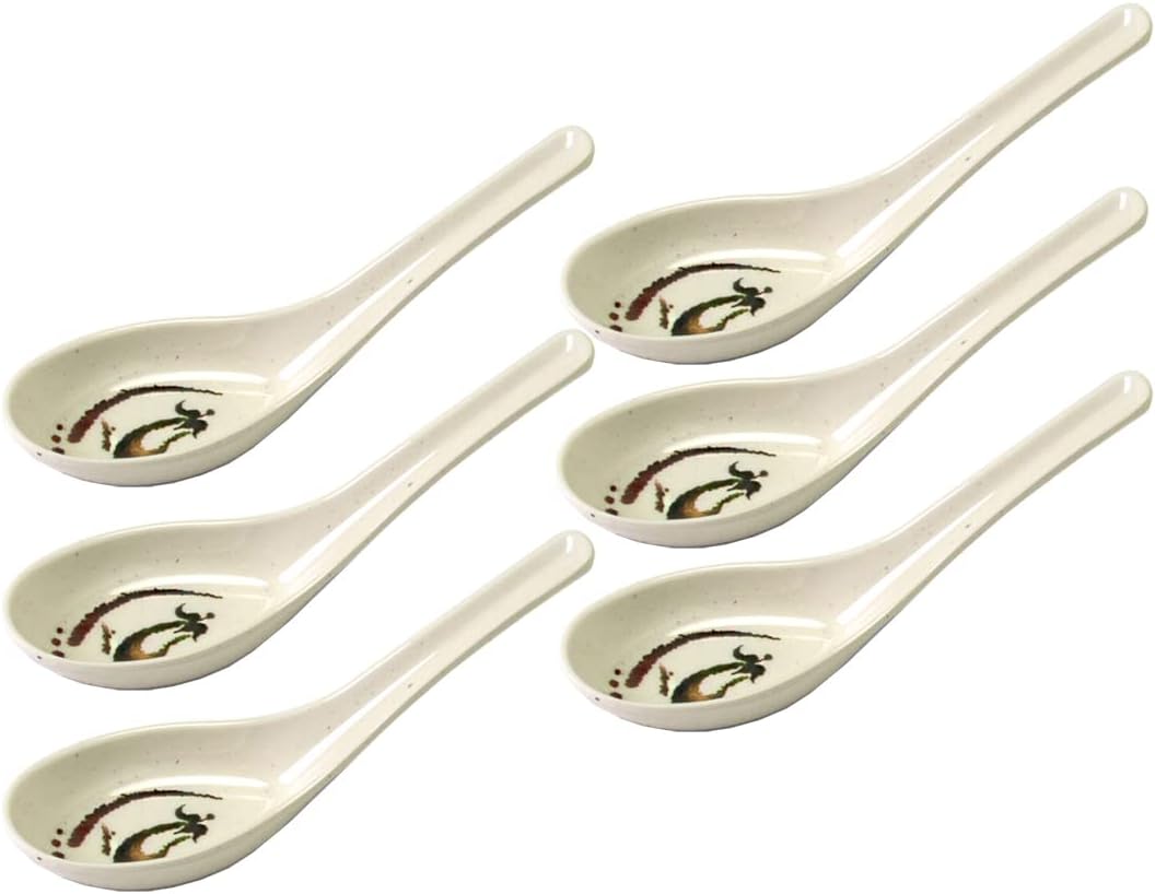 Happy Sales Melamine Soba, Rice Spoons, Asian Chinese Won Ton Soup Spoon, 6 Pack Eggplant Design