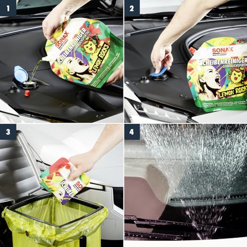 SONAX ScheibenReiniger gebrauchsfertig Lemon Rocks (3 Liter) entfernt Insekten-, Öl-, Silikon- und typische Straßenverschmutzungen | Art-Nr. 01604410