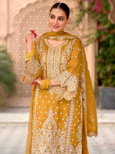 Image of INDO ERA Women's Organza Embroidered Straight Kurta and Pant with Dupatta Set (IEOUT10606)