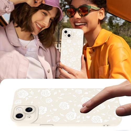 Image of Designed for iPhone 15 Case, Cute Rose Flower Floral Pattern Design, Slim Soft TPU Liquid Silicone Protective Cover for Women Girls - White