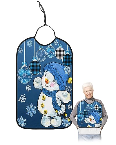 Christmas Adult Bibs for Eating, Waterproof Bibs with Food Catcher & Adjustable Snap Closure, Xmas Snowman Blue Christmas Balls Snowflake Washable Clothing Protectors Adult Bibs for Elderly Women/Men