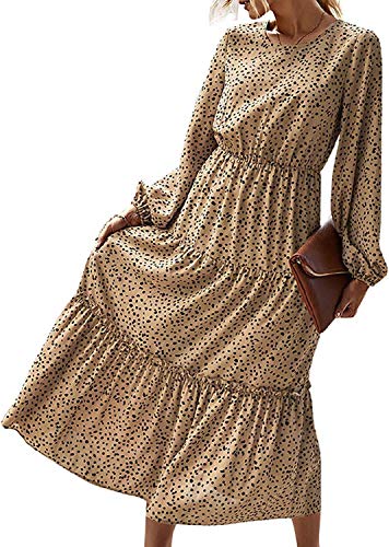 MASKAZU Women's Modest Leopard Print Long Sleeve Round Neck Casual Flowy Party Maxi Dress L Apricot MASKAZU Women's Modest Leopard Print Long Sleeve Round Neck Casual Flowy Party Maxi Dress L Apricot