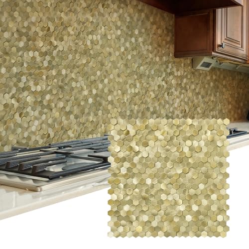 STICKGOO Peel and Stick Backsplash Tiles Stick on Mosaic Self Adhesive Tiles 3D Hexagon Backsplash for Kitchen Bathroom Fireplace Vanity (8PCS Gold)