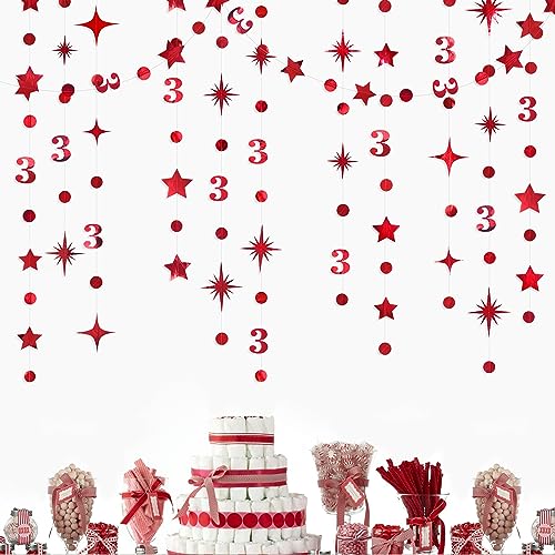 Image of Red 3rd Birthday Decorations Number 3 Circle Dot Twinkle Star Garland Metallic Hanging Streamer Bunting Banner Backdrop for Girls Boys Three Years Old Birthday 3rd Anniversary Party Decor Supplies