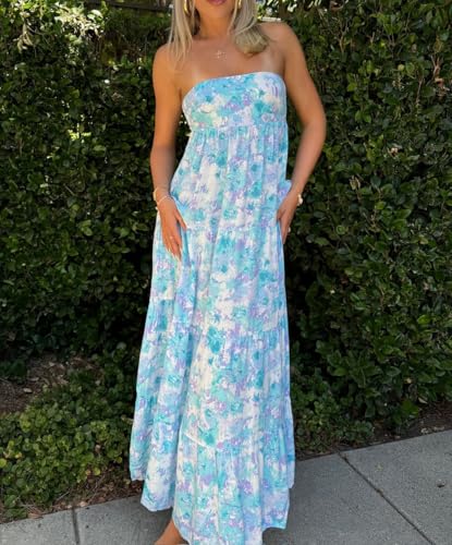 Women Floral Print Maxi Tube Dress Strapless Flowy Long Bandeau Dress Y2K Open Back Sundress Summer Beachwear3
