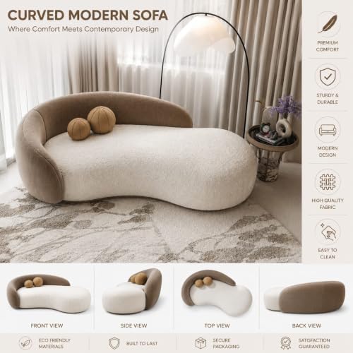 Image of Modern Curved Velvet Sofa, Minimalist Design, Luxury Upholstery, Comfortable & Stylish Sofa for Living Room (Bear Brown & Off White)