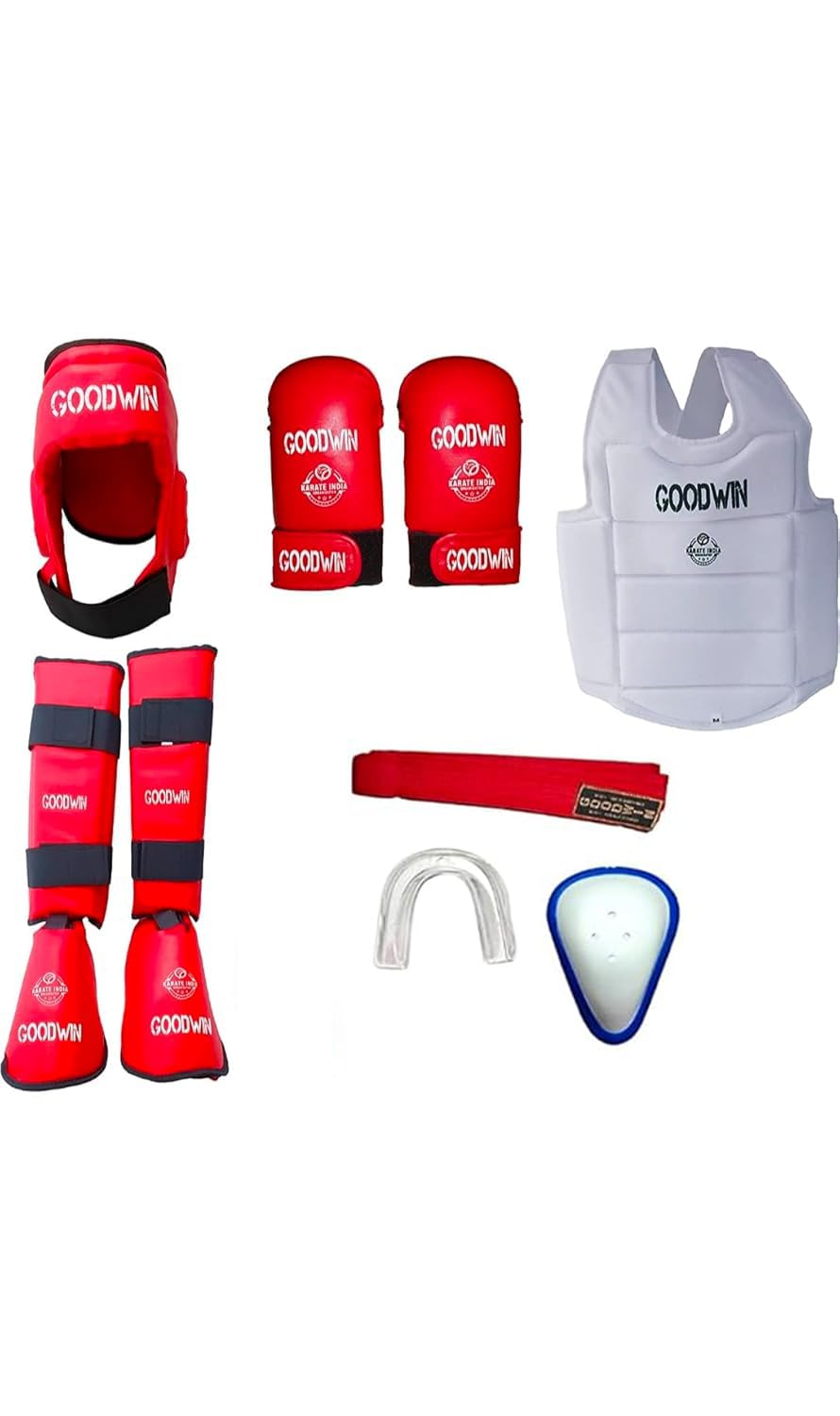 Karate Kit Kai Approved Good Win Karate Safety Kit Head Guard, Chest Guard, Shin Guard, Abdominal Guard, Hand Gloves, Belts (Red, M)-image-21