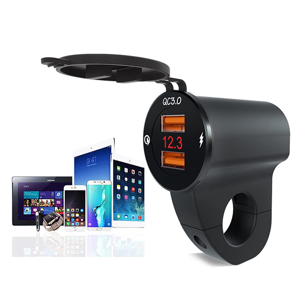 Riloer Waterproof 12V Motorcycle QC3.0 Dual USB Charger Ports Power Adapter with Digital Voltmeter for Smartphones, Tablets and GPS(Black/Sliver)
