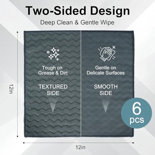 Image of Dual-Sided Microfiber Cloths, 12x12 Lint-Free 6-Pack | Zig-zag side traps grease, soft side polishes. Streak & lint-free for home /auto. Stain-hiding grey, washable 12x12 6-pack.