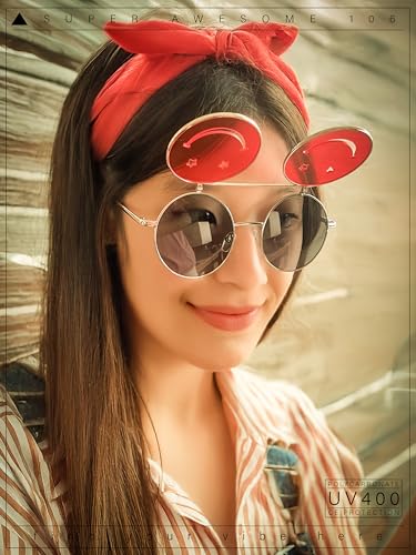 Retro Smiley Face Double Flip Up Round Circle Lens Hippie Sunglasses Silver - Black Red4