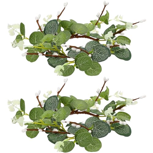 HANABASS 2pcs Decorative Candle Rings Eucalyptus Leaves Wreaths for Easter and Holiday Decor Versatile Indoor and Outdoor Candle Accessories for Door Wall Window Decor, 10.2 inch
