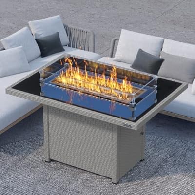 EAST OAK 44'' Propane Fire Pit Table, 60,000 BTU Gas Fire Table w/Aluminum Frame, H Type Burner and Tempered Glass Tabletop, CSA Listed Outdoor Patio Firepit with Wind Guard, Fire Glass and Lid, Grey