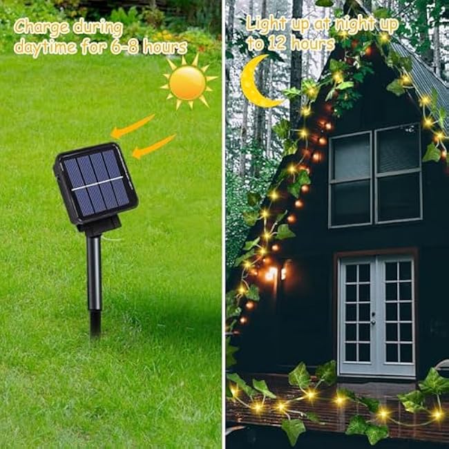 ANGMLN Solar Vine String Lights, 66Ft 200 Led Outdoor Fairy Lights with Ivy, 8 Modes Waterproof Artificial Plant Leaf Garland for Balcony Patio Wedding Garden Yard Fence Wall Apartment Outside Decor