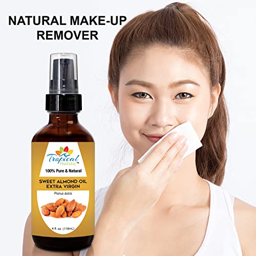 Tropical Holistic Organic Sweet Almond Oil 4 Oz -100% Pure Natural Virgin Unrefined Best For Hair, Face, Skin,Massage, Food Grade #TOP4