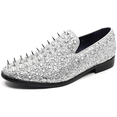 Metrocharm Men's Fashion Sparkly Smoking Spike Sequin Dress Tuxedo Loafers Slip On Shoes SM-16 (Silver, us_Footwear_Size_System, Adult, Men, Numeric, Medium, Numeric_11) Cover