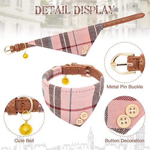 Image of EXPAWLORER Dog Collar and Leash Set - Classic Plaid Dog Bow Tie and Bandana Collar with Bell, Dog Leash Tangle Free, Adjustable Collars for Puppy Small Dogs and Cats, Holiday Ideal Gift, Pink XS