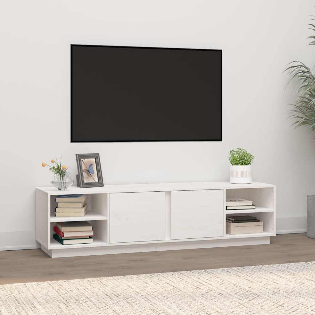 Biała szafka pod telewizor z litego drewna sosnowego, 156 x 40 x 40 cm, szafka pod telewizor z 6 półkami i 2 drzwiami, niska szafka z miejscem do przechowywania do salonu, kina domowego i