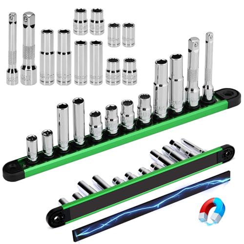 Image of 12-Piece 1 /4 inch & 3 /8 inch Drive 10mm Socket Set with 3-inch 3 /8 & 1 /4 Extension Bars | Deep & Shallow Mirror Finish Socket Set | Magnetic Storage Rail | Cr-V | 6 Point & 12 Point (13 Pack)