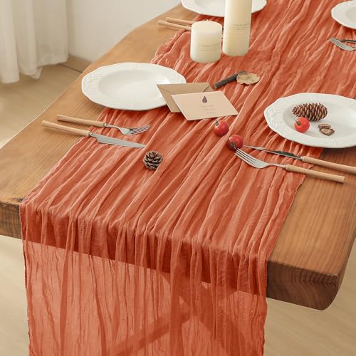 Leetaltree Orange Cheesecloth Table Runner, 35x120 Inch Boho Rustic Cheese Cloth, Decorative for Bridal Baby Shower or Wedding Decorations
