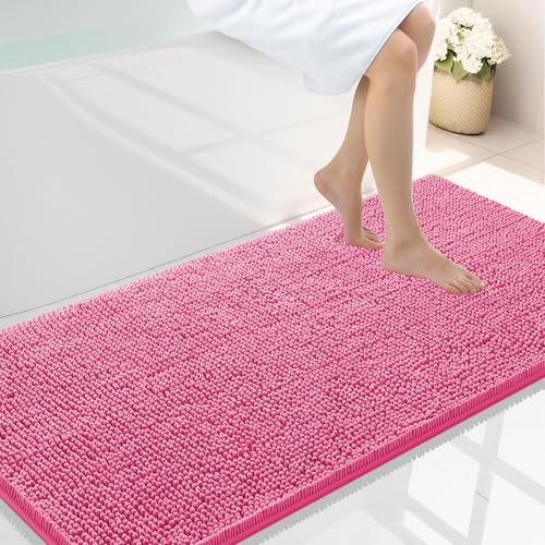 Smiry Luxury Chenille Bathroom Rugs 47x24, Extra Soft and Absorbent Shaggy Bath Mat, Machine Washable, Non-Slip Plush Carpet Runner for Tub, Shower, and Floor, Home Decor Accessories, Hot Pink