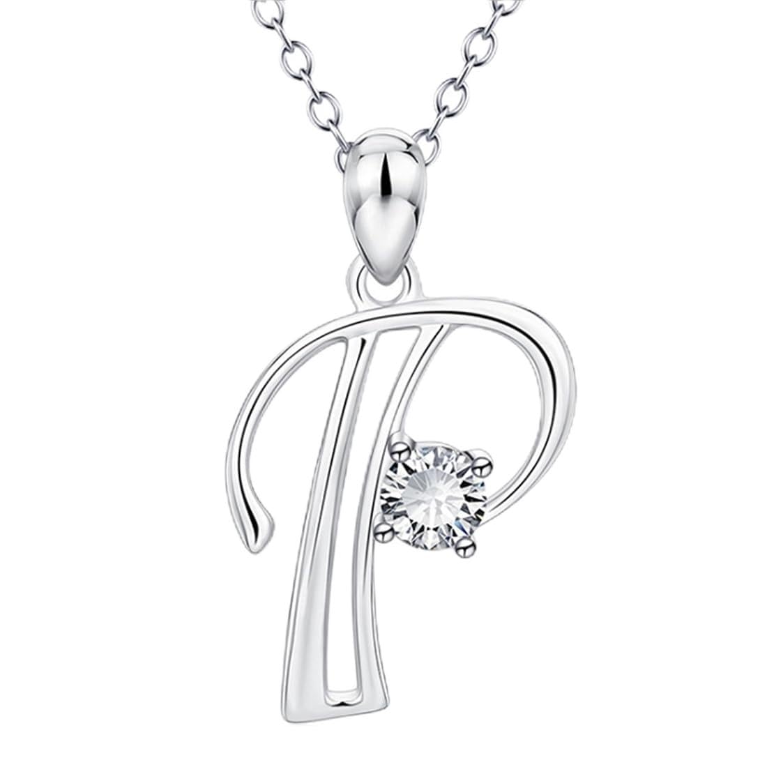 TQPUWT Plata Iniciales Collar con Colgante Letras A-Z, piedras de circonita collar para damas, Collar Letras con Colgantes, Viene con caja de regalo, para Mujer Hombre, plata, Letra P