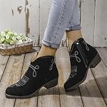 Women's Short Ankle Boots Low Heel Western 𝐂owgirl Cowboy Boots For Women Vintage Slip on Round Toe Side Zipper Chunky Block Short Booties Casual V Cutout Dress Short Fall Boho Boots