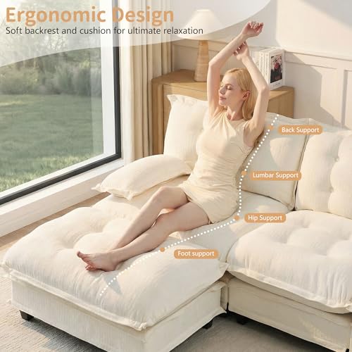 Image of 108 inch Sectional Sleeper Sofa with Ottoman, U Shaped Modular Deep Seat Couches for Living Room Apartment, Flexible Module Combination Cloud Sofa with Spring Support, Easy Assembly, White