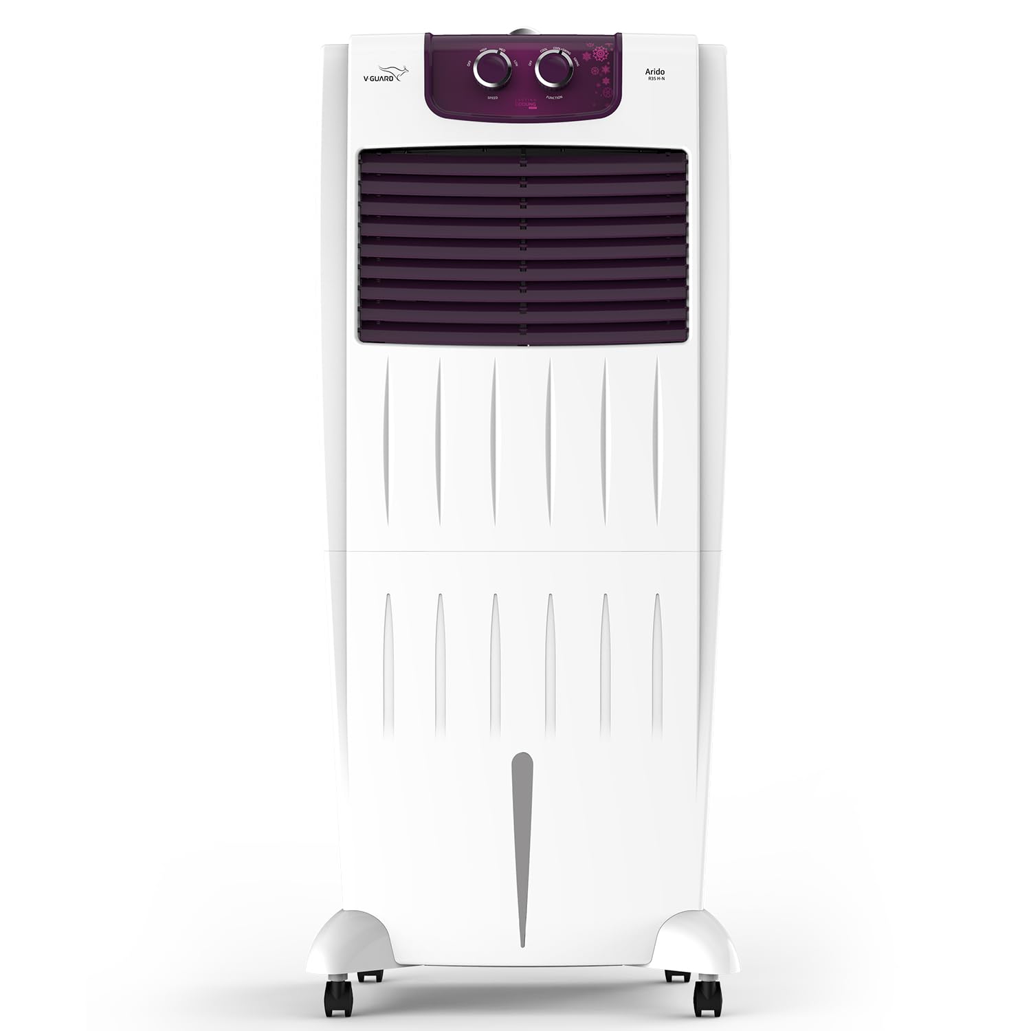 V-Guard Arido R35 H-N Air Cooler For Home| 35 Litre | Air Delivery - 1415 m3/h | 2 Year Warranty on Motor & Pump | (White & Purple burry)