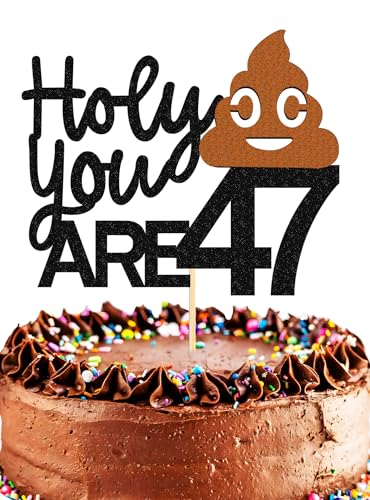 Holy Sh*t You are 47 Cake Topper - Black Glitter 47th Birthday Cake Decorations, Funny 47th Birthday Cake Pick (47TH)